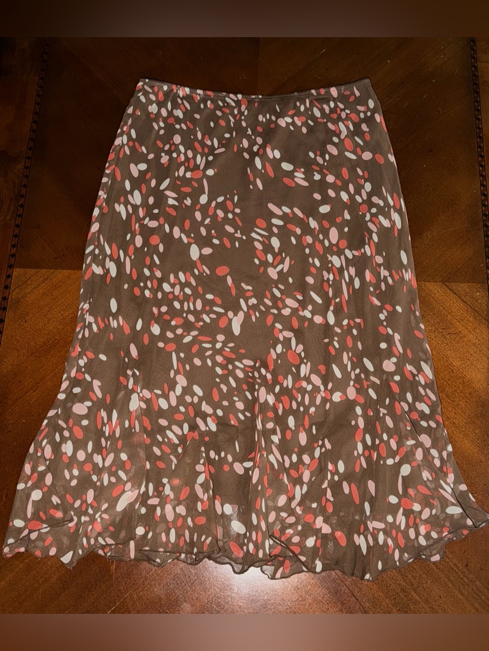 Brown A-Line Skirt with Coral & Cream Spot Print